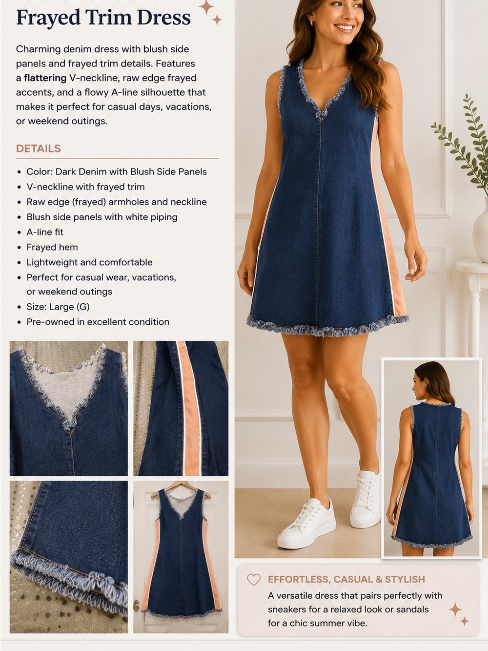 Frayed Trim Dark Denim A-Line Dress with Blush Panels